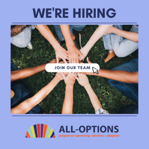 Image description: Square that says "we're hiring" and "join out team!" with the All-Options logo at the bottom.