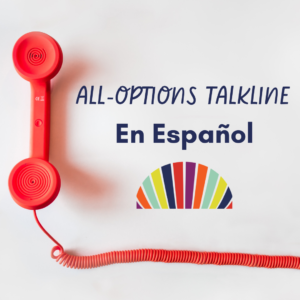 Image description: Photo of an old corded-phone on a white background. Text reads "All-Options Talkline En Espanol" 